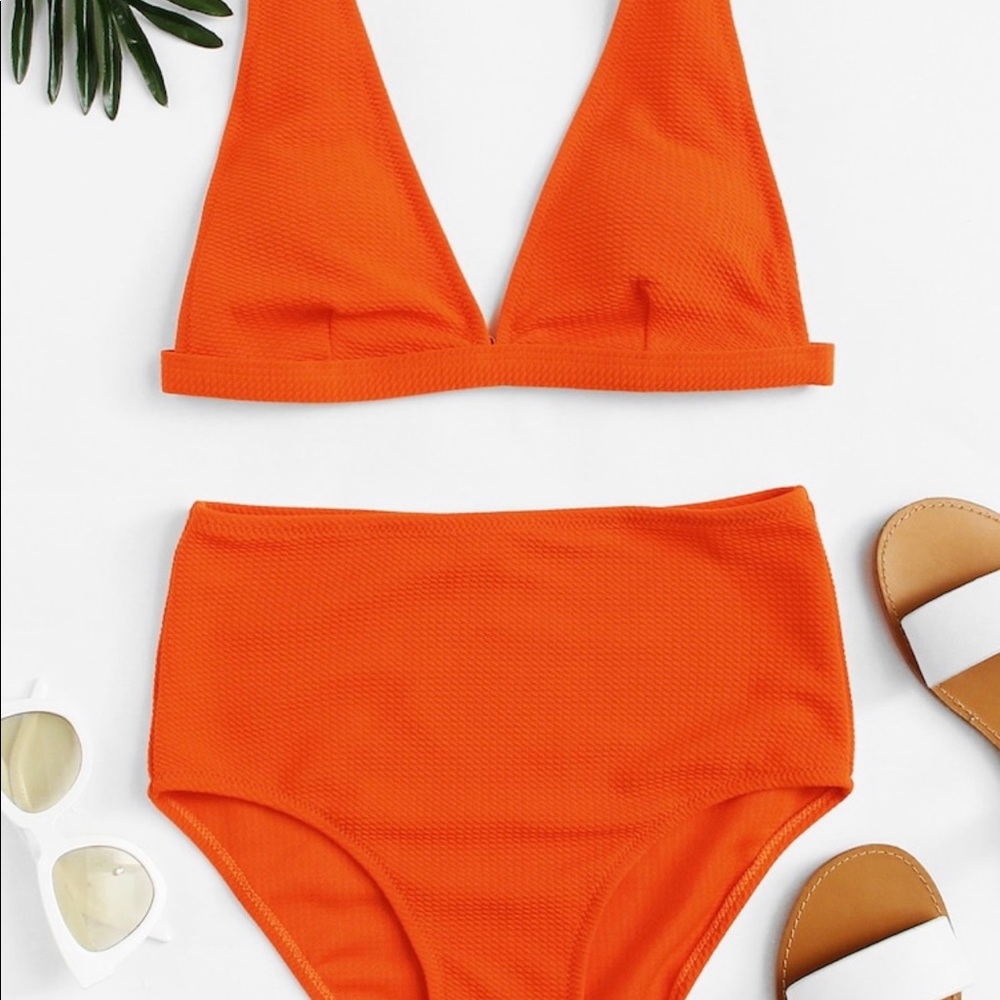 Textured high waist bikini with plunging neckline